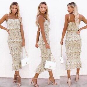 Vici Floral Ruffle Midi Dress - Cream and Green